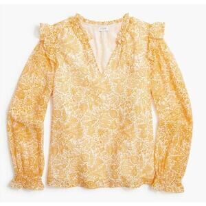 J. Crew Womens Ruffle Collar Top Medium Golden Yellow Floral V Neck Lined
